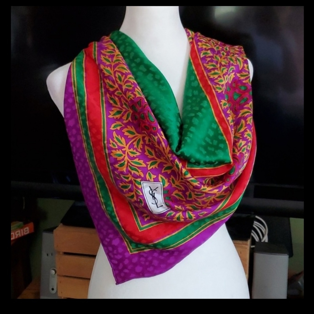 Yves Saint Laurent Vibrant Silk Scarf with Green, Red, and Purple